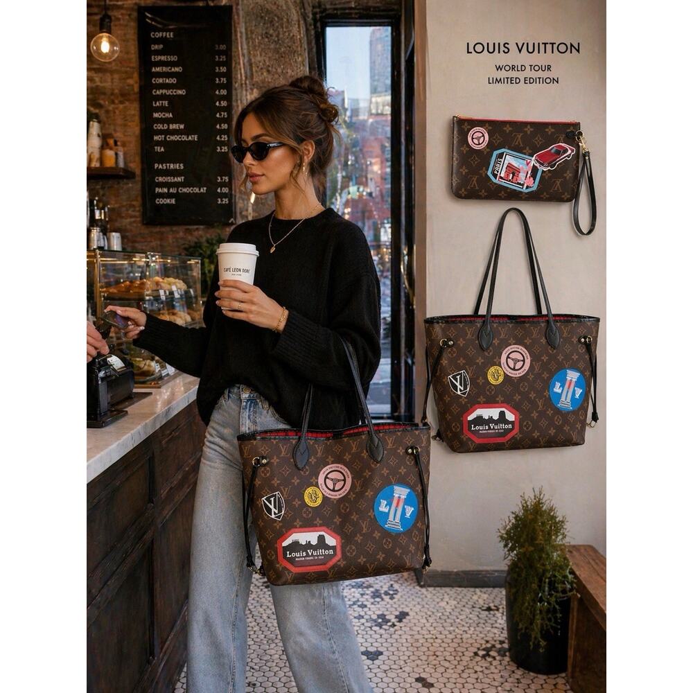 LOUIS VUITTON Neverfull MM World Tour Monogram Tote W/Pochette (Small Pouch)